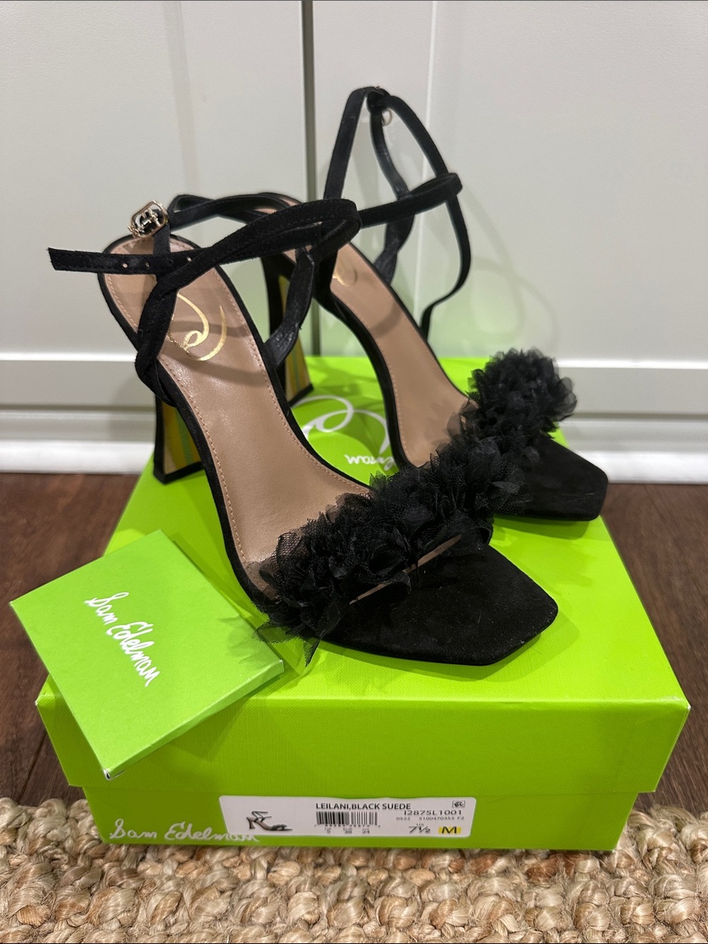Sam Edelman Black Suede Ruffle Strap Block Heel Sandals